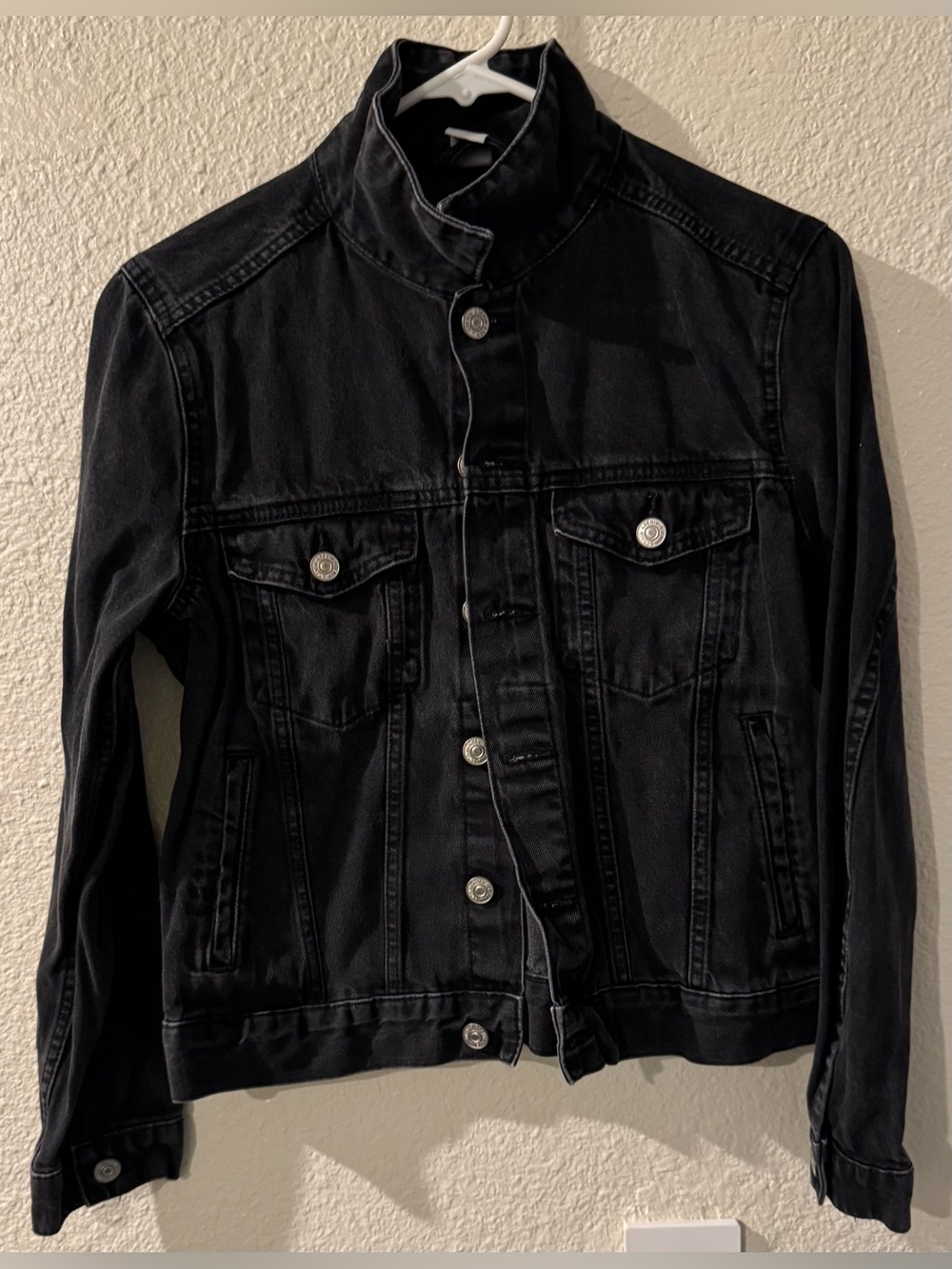Women's Washed Black Denim Jean Jacket with High Stand Collar